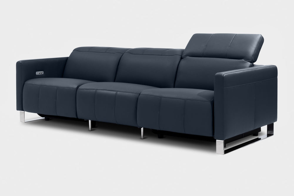 Valencia Isla Modern Top Grain Leather Reclining Sofa, Three Seats, Blue