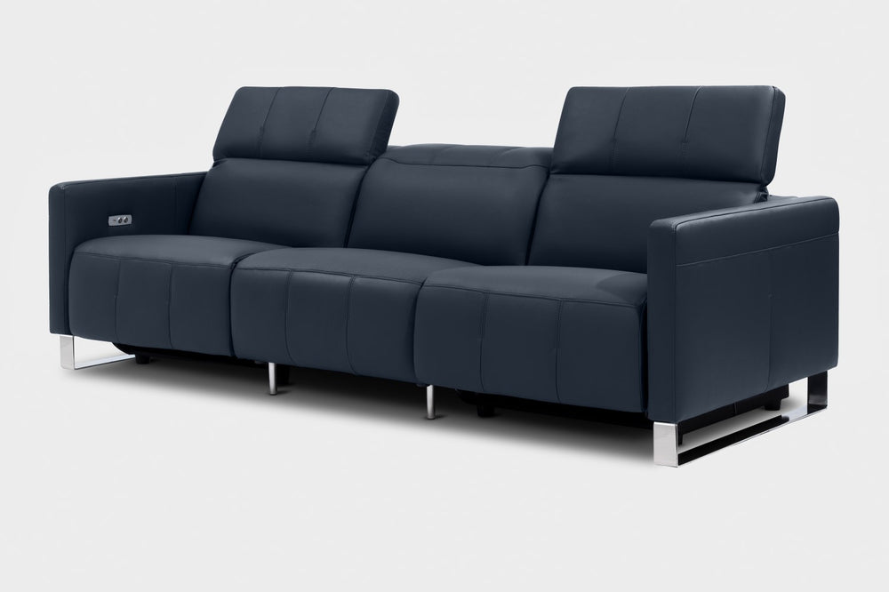 Valencia Isla Modern Top Grain Leather Reclining Sofa, Three Seats, Blue