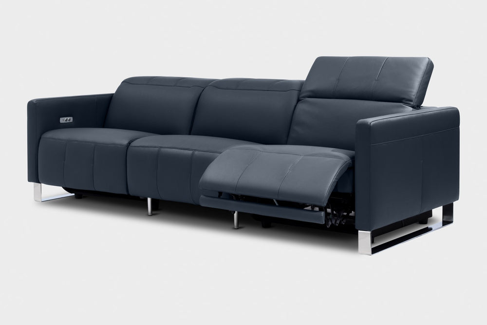 Valencia Isla Modern Top Grain Leather Reclining Sofa, Three Seats, Blue