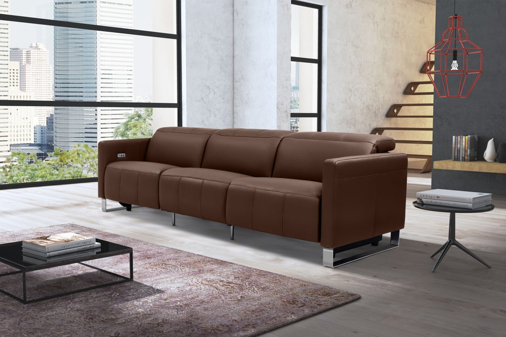 Valencia Isla Modern Top Grain Leather Reclining Sofa, Three Seats, Chocolate