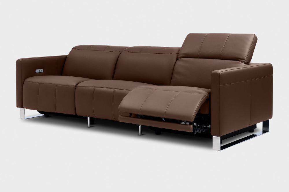 Valencia Isla Modern Top Grain Leather Reclining Sofa, Three Seats, Chocolate