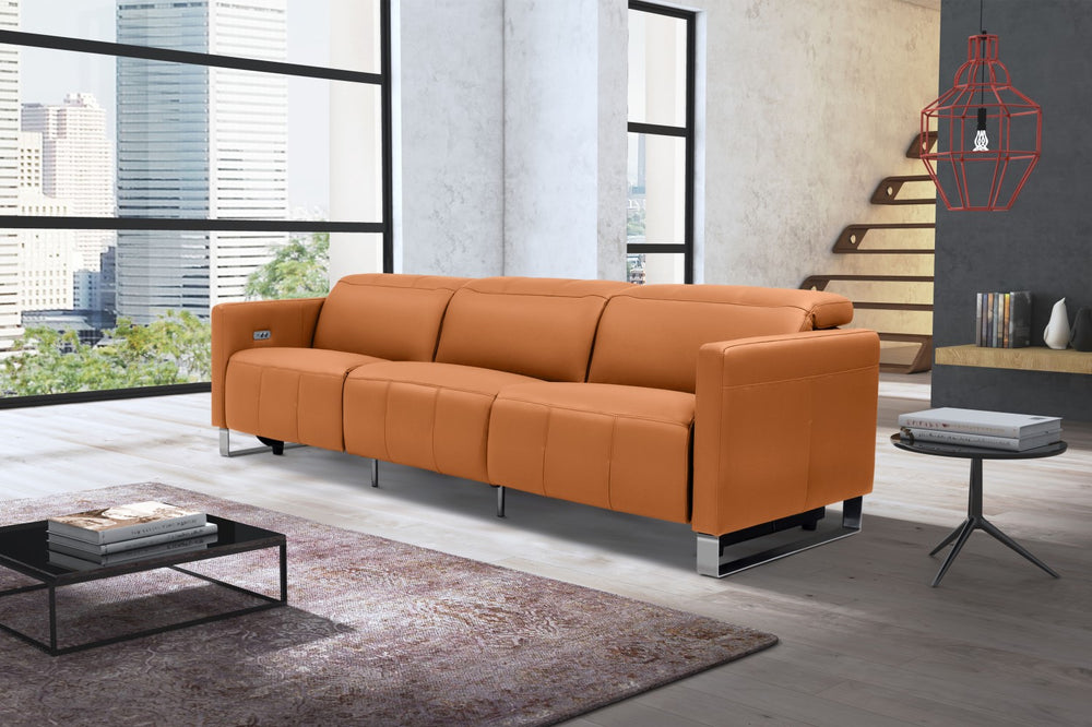 Valencia Isla Modern Top Grain Leather Reclining Sofa, Three Seats, Cognac