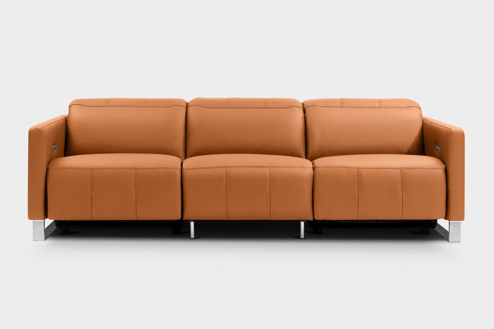 Valencia Isla Modern Top Grain Leather Reclining Sofa, Three Seats, Cognac