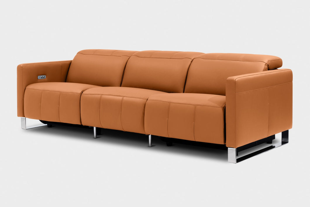 Valencia Isla Modern Top Grain Leather Reclining Sofa, Three Seats, Cognac