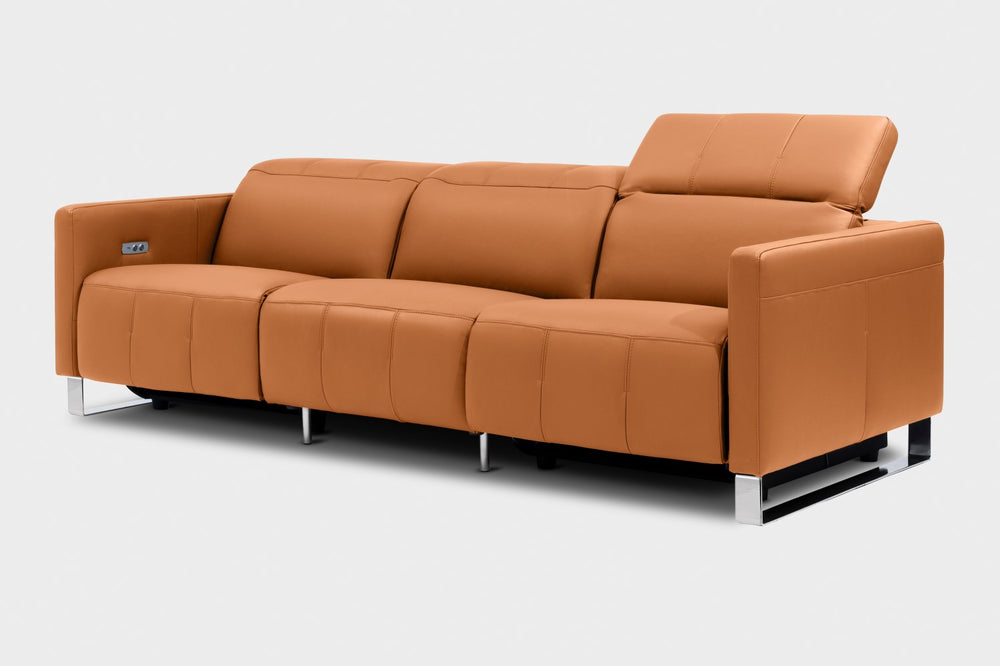 Valencia Isla Modern Top Grain Leather Reclining Sofa, Three Seats, Cognac