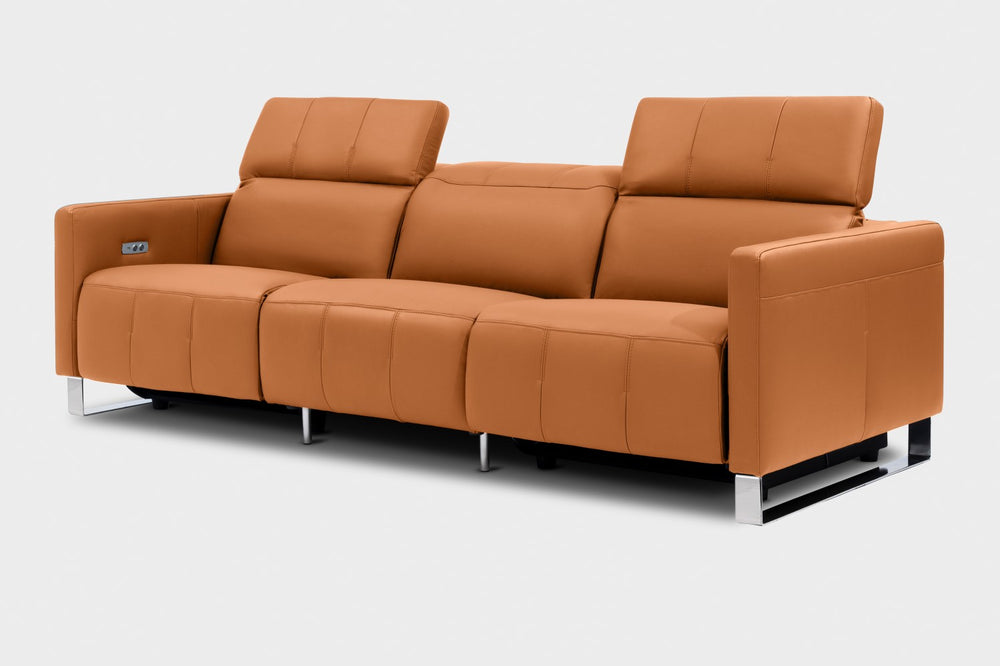 Valencia Isla Modern Top Grain Leather Reclining Sofa, Three Seats, Cognac