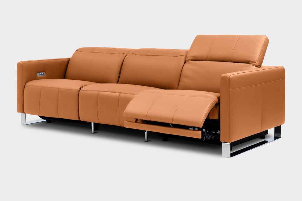 Valencia Isla Modern Top Grain Leather Reclining Sofa, Three Seats, Cognac