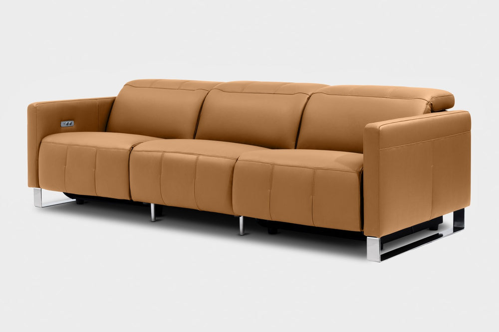 Valencia Isla Modern Top Grain Leather Reclining Sofa, Three Seats, Tan