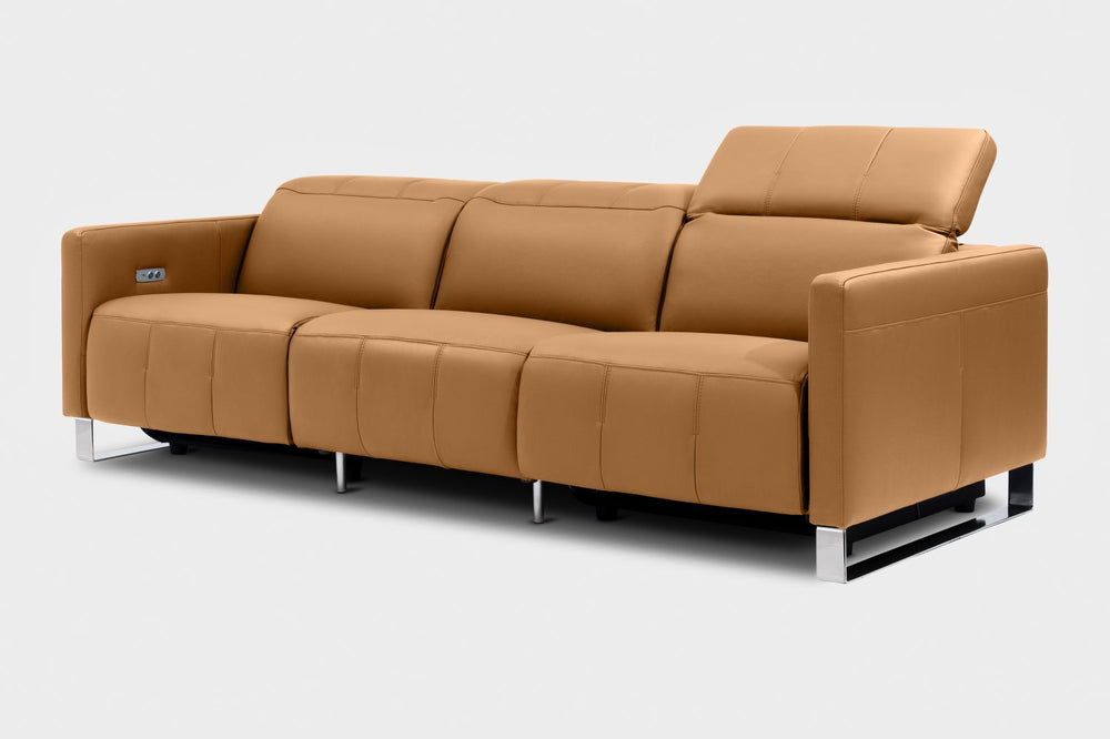 Valencia Isla Modern Top Grain Leather Reclining Sofa, Three Seats, Tan