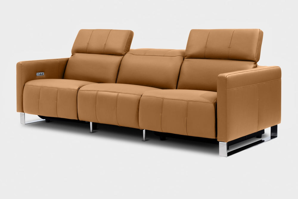 Valencia Isla Modern Top Grain Leather Reclining Sofa, Three Seats, Tan