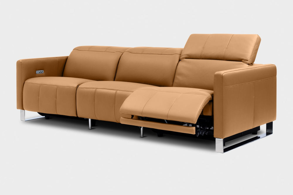 Valencia Isla Modern Top Grain Leather Reclining Sofa, Three Seats, Tan