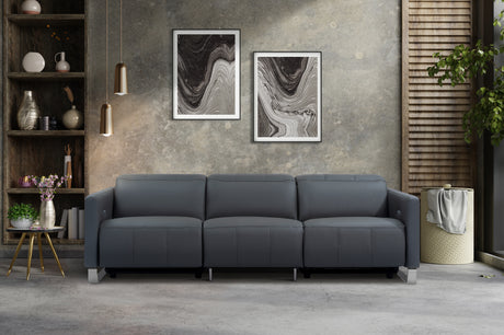 Valencia Isla Modern Top Grain Leather Reclining Sofa, Three Seats, Grey