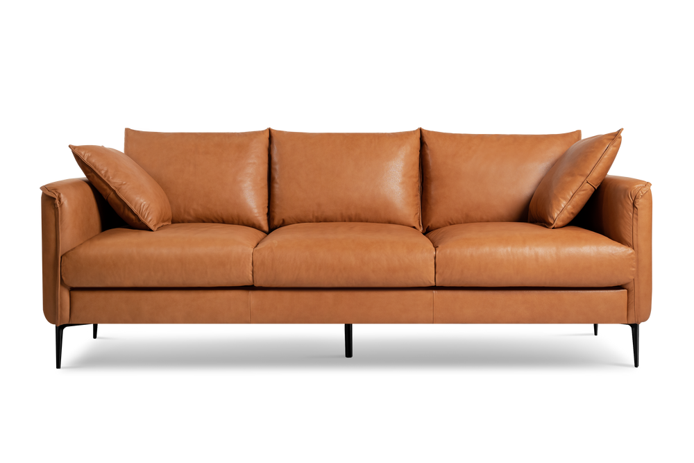 Valencia Jasper Leather Contemporary Three Seats Sofa, Cognac Color