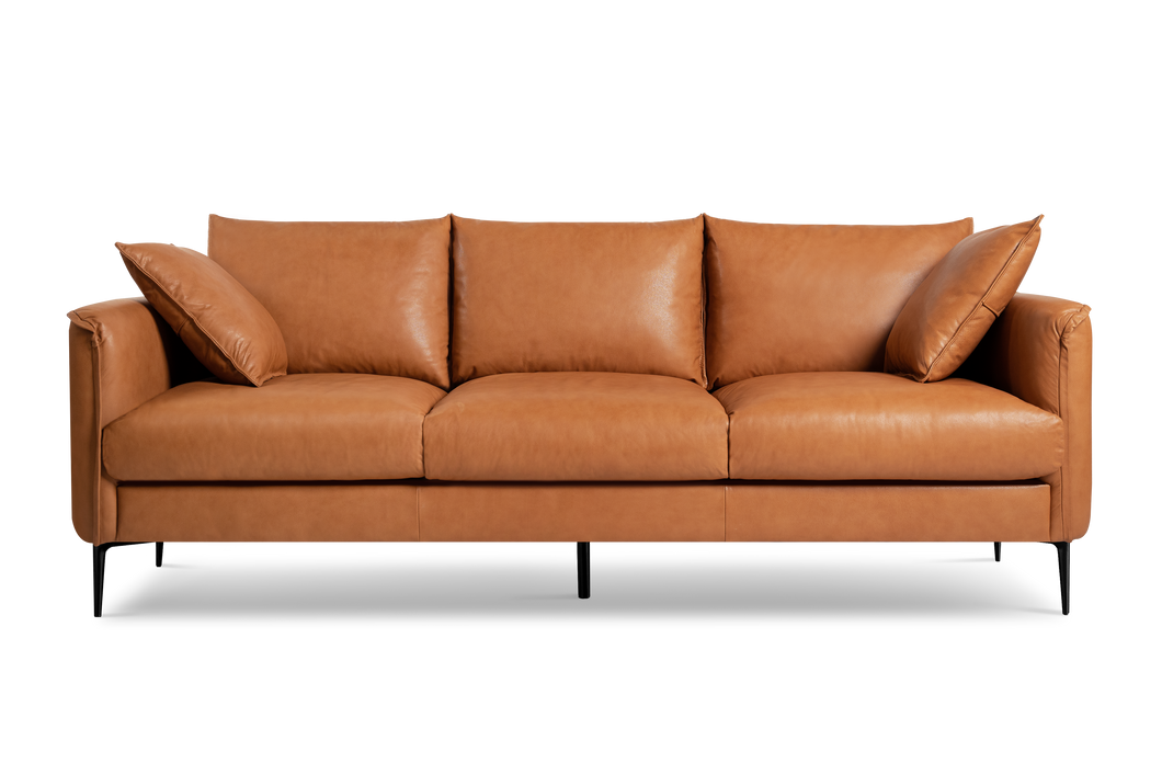 Valencia Jasper Leather Contemporary Three Seats Sofa, Cognac Color