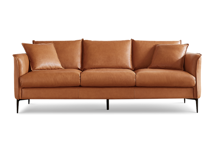 Valencia Jasper Leather Contemporary Three Seats Sofa, Cognac Color