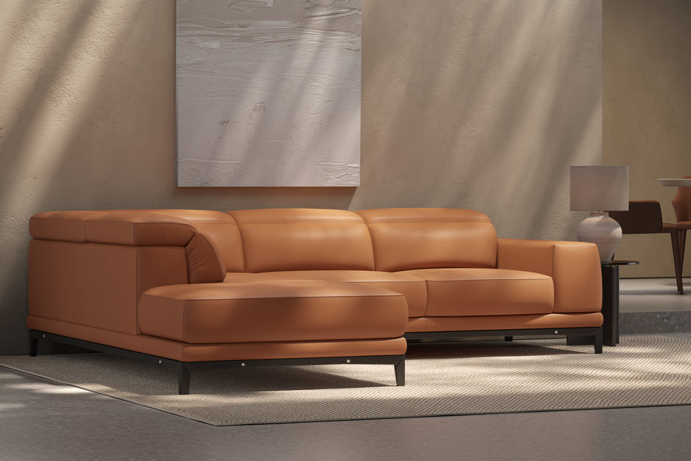 Valencia Valletta Top Grain Leather Sectional L-Shape with Left Chaise Sofa, Cognac