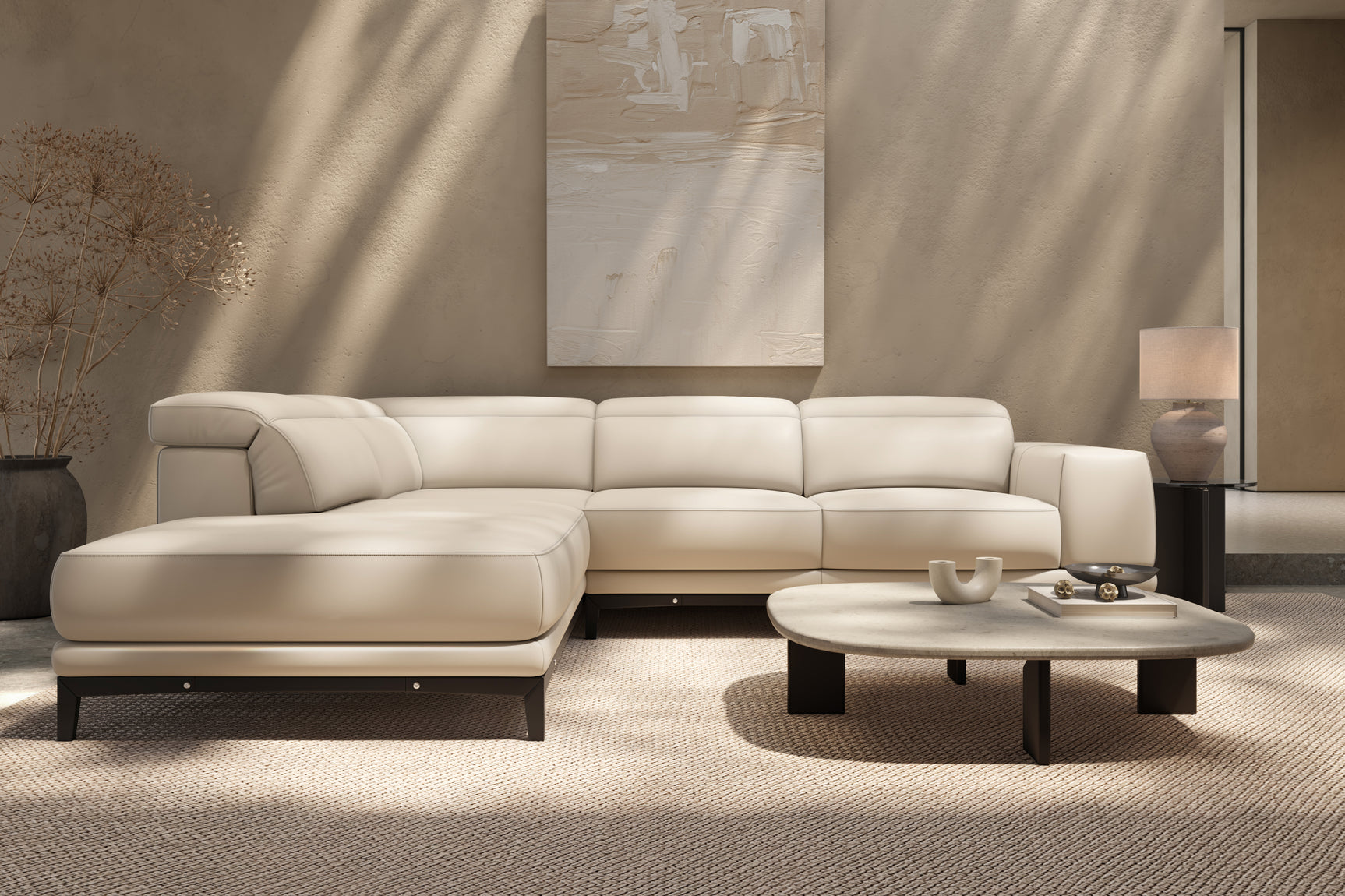 Valencia Valletta Top Grain Leather L-Shape with Left Chaise Sofa, Rose Beige