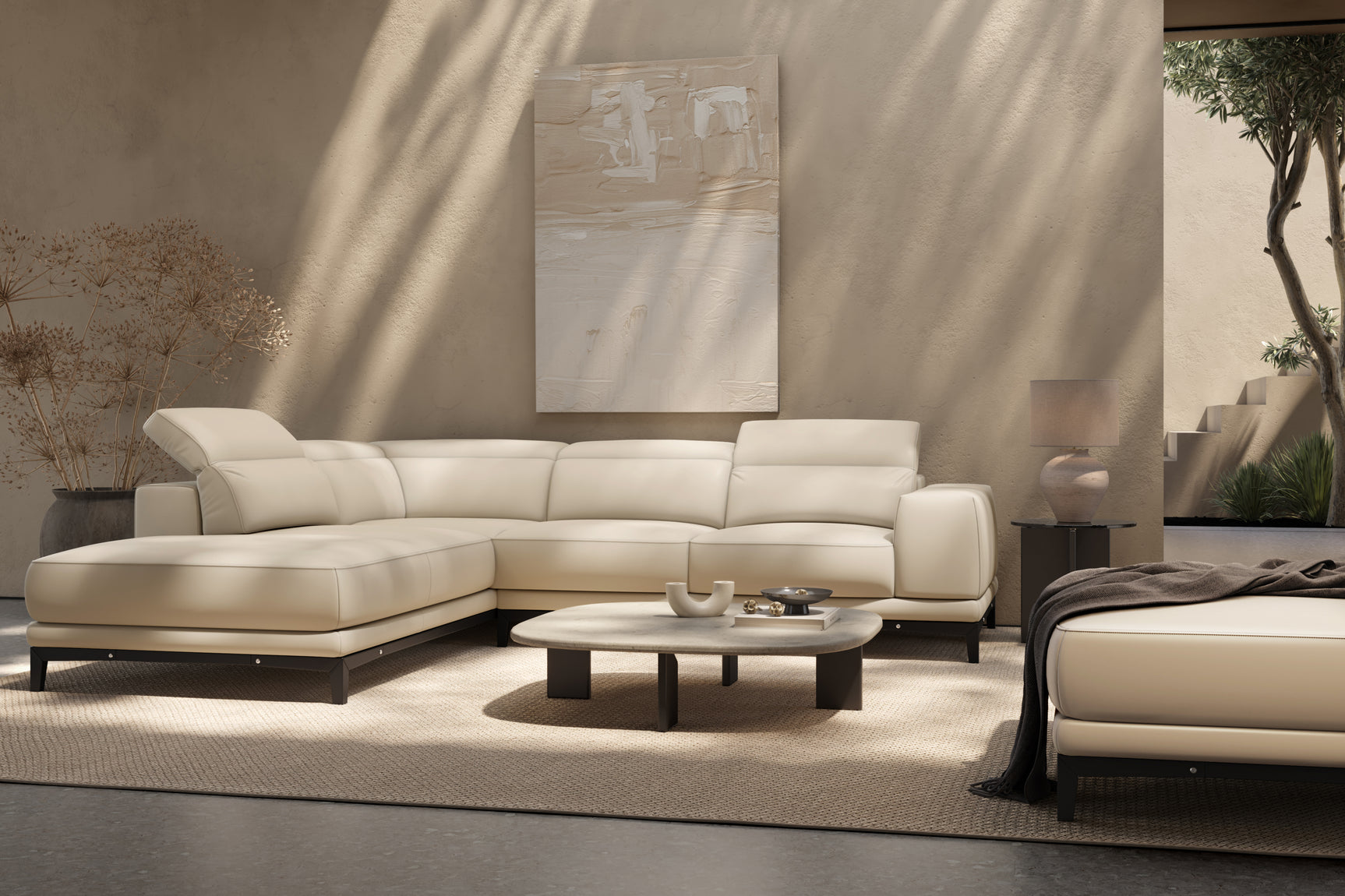Valencia Valletta Top Grain Leather L-Shape with Left Chaise Sofa, Rose Beige