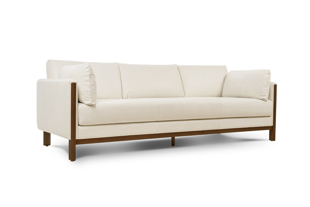 Matera Leather Three Seats Sofa with Wooden Legs, Beige