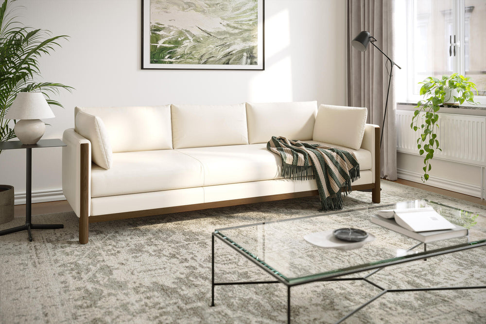 Matera Leather Three Seats Sofa with Wooden Legs, Beige