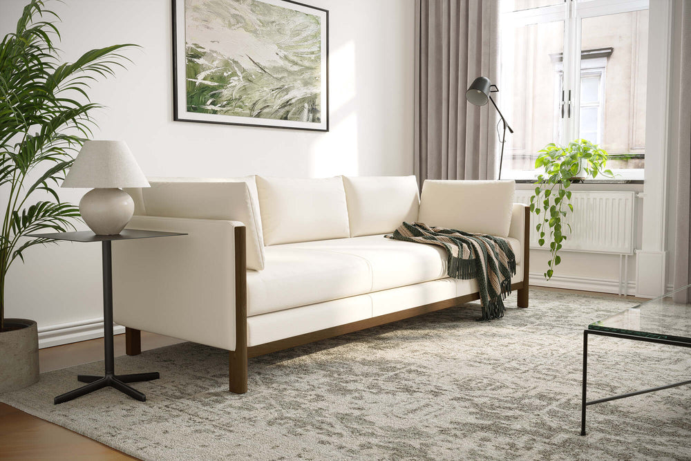 Matera Leather Three Seats Sofa with Wooden Legs, Beige
