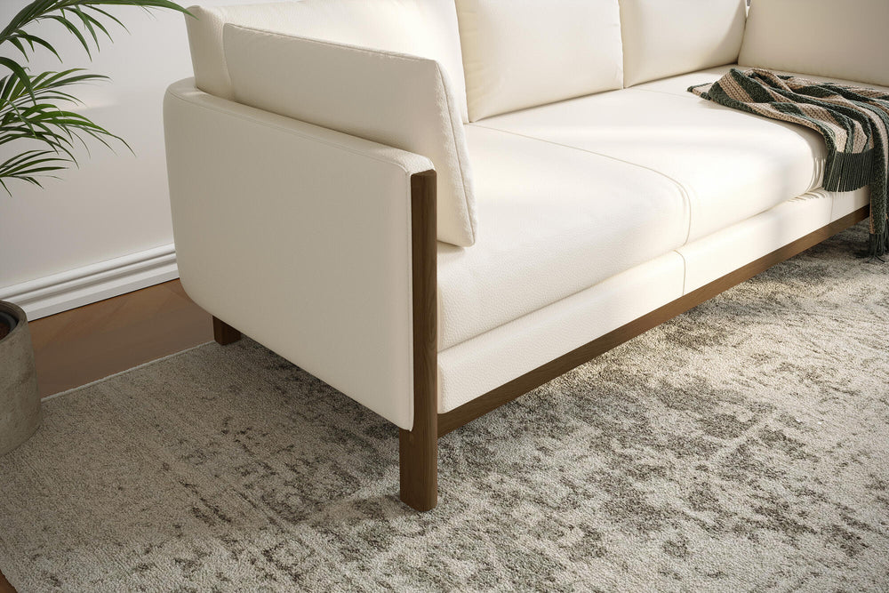 Matera Leather Three Seats Sofa with Wooden Legs, Beige