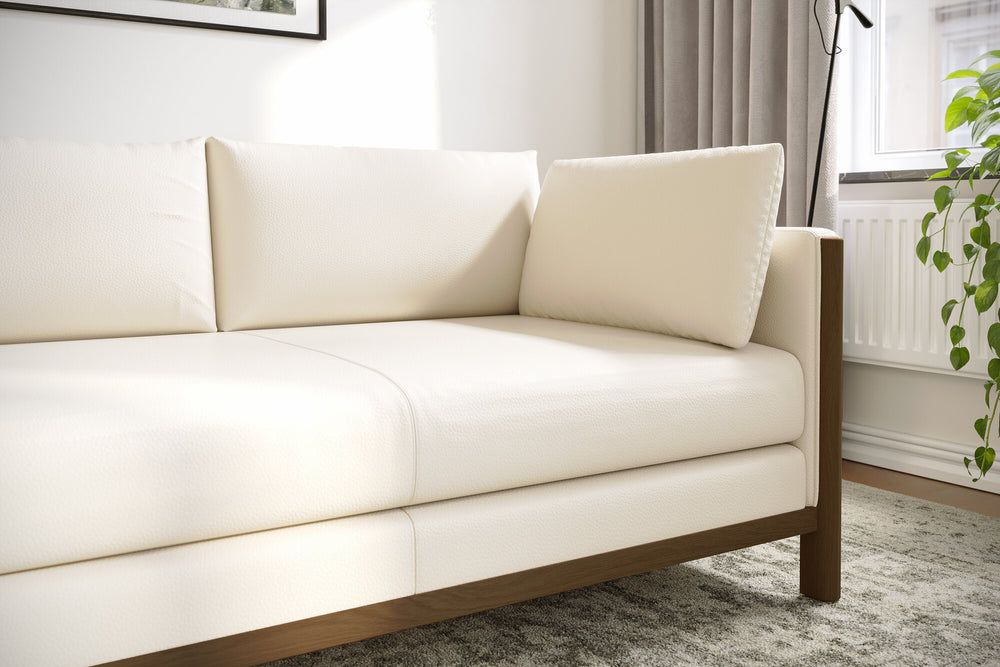 Matera Leather Three Seats Sofa with Wooden Legs, Beige