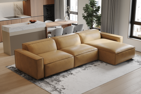 Valencia Nathan Full Aniline Leather Lounge Modular Sofa, Three Seats with Right Chaise, Caramel Brown Color