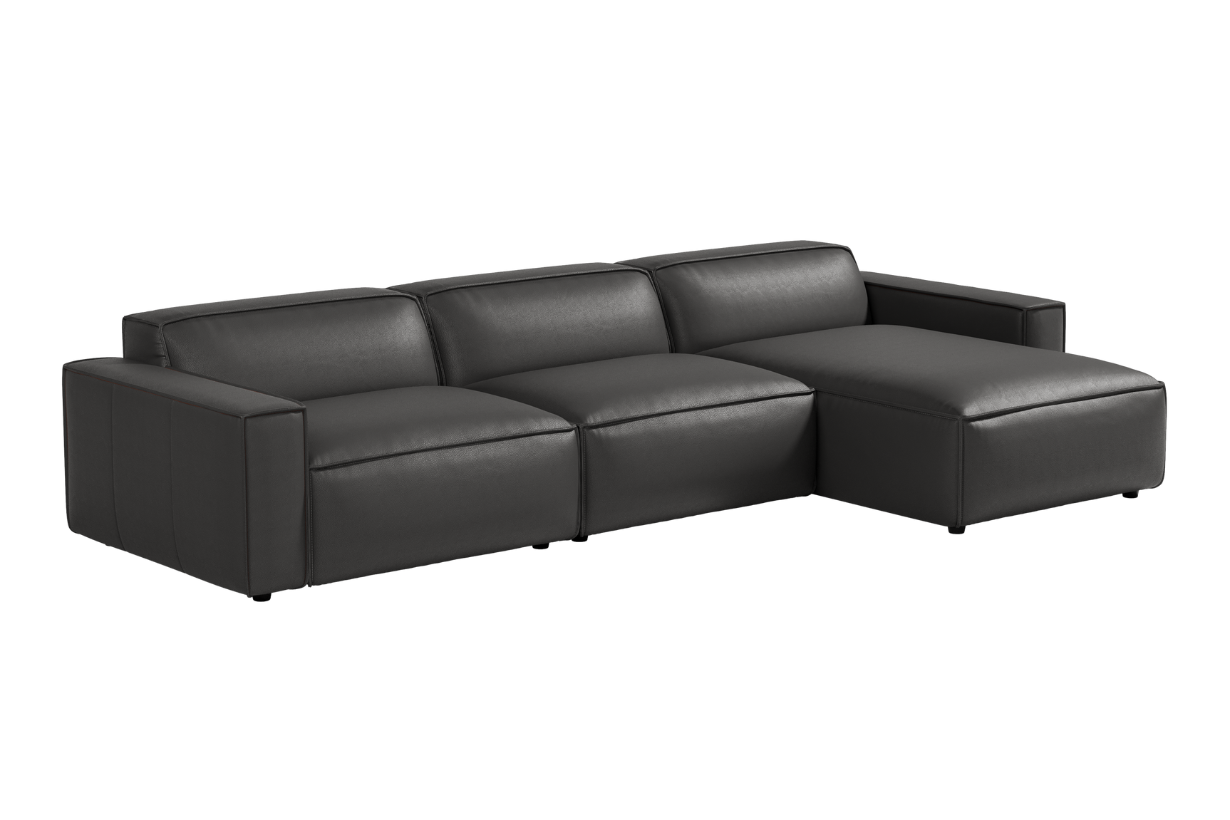 Valencia Nathan Full Aniline Leather Lounge Modular Sofa, Three Seats with Right Chaise, Black Color