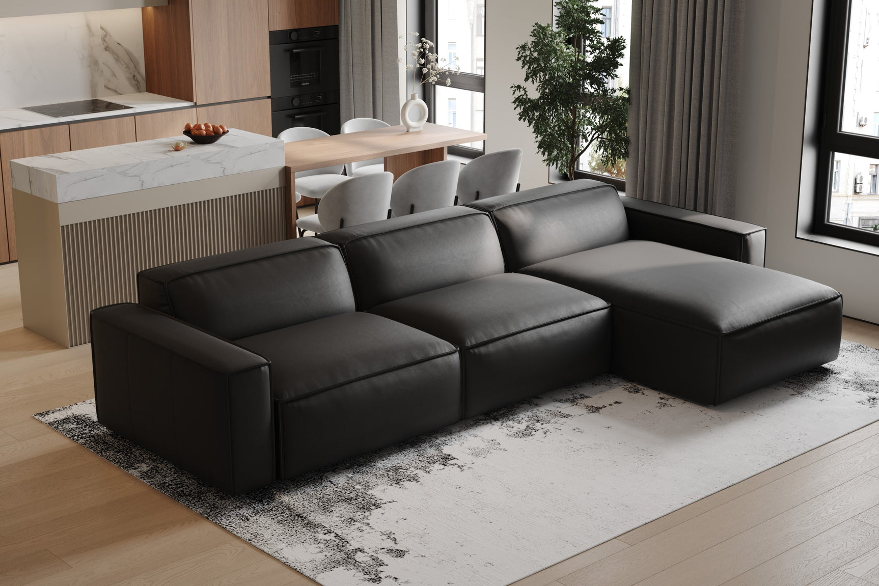 Valencia Nathan Full Aniline Leather Lounge Modular Sofa, Three Seats with Right Chaise, Black Color