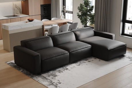 Valencia Nathan Full Aniline Leather Lounge Modular Sofa, Three Seats with Right Chaise, Black Color