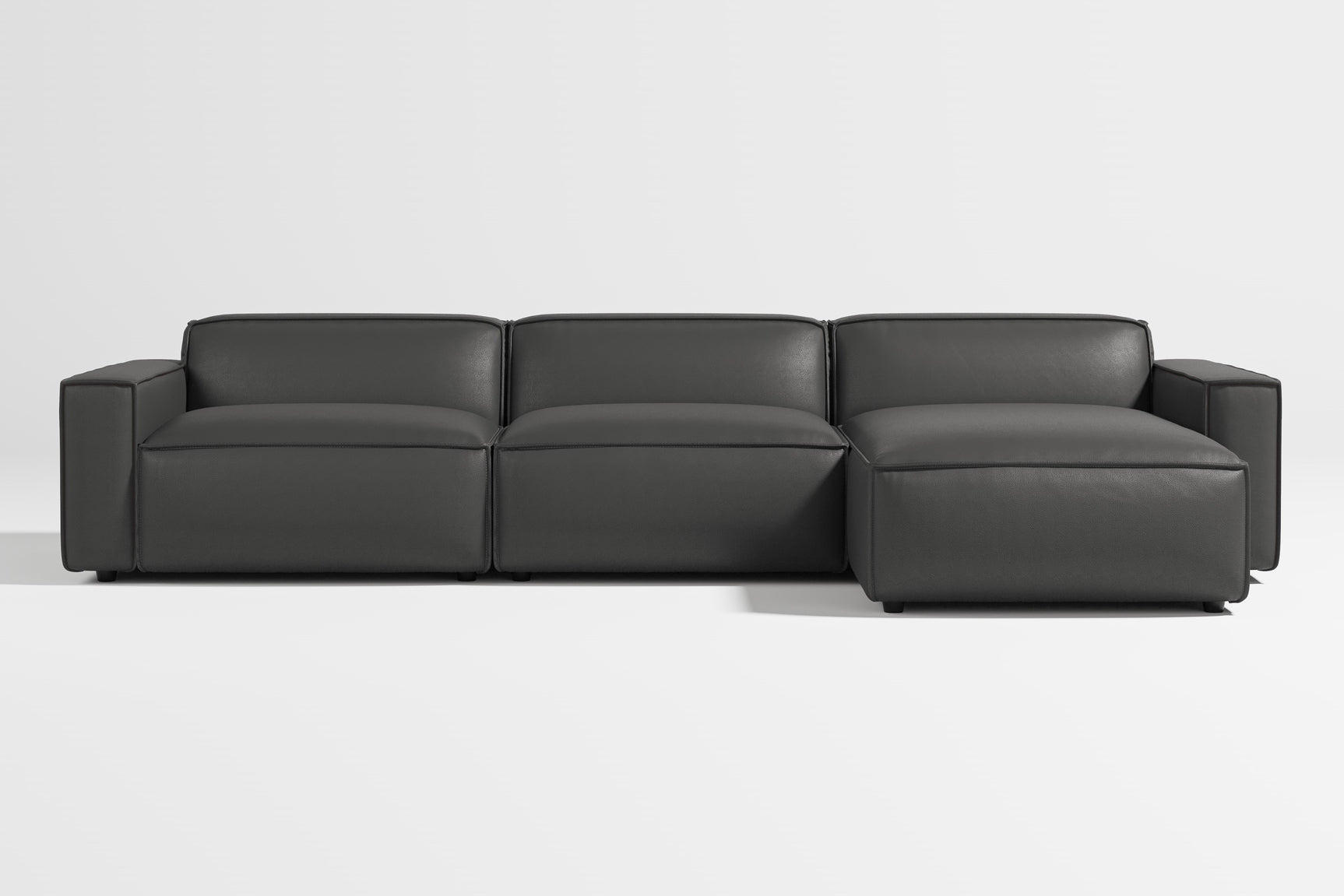 Valencia Nathan Full Aniline Leather Lounge Modular Sofa, Three Seats with Right Chaise, Black Color