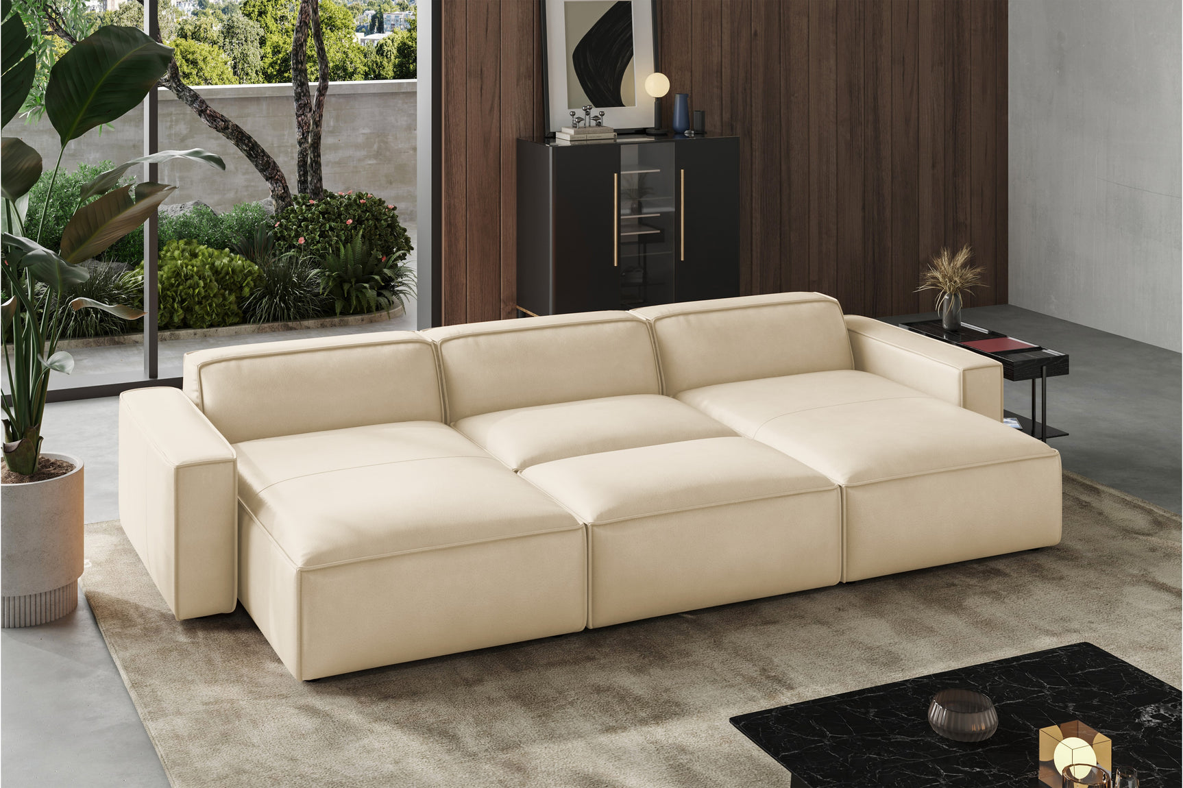 Valencia Nathan Full Aniline Leather Theater Lounge Modular Sofa with Down Feather, Bed Shape, Antique White