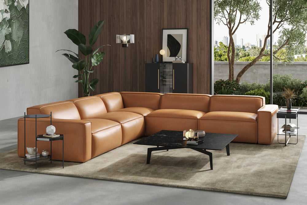 Valencia Nathan Full Aniline Leather Lounge Modular Sofa, L-Shape, Caramel Brown Color