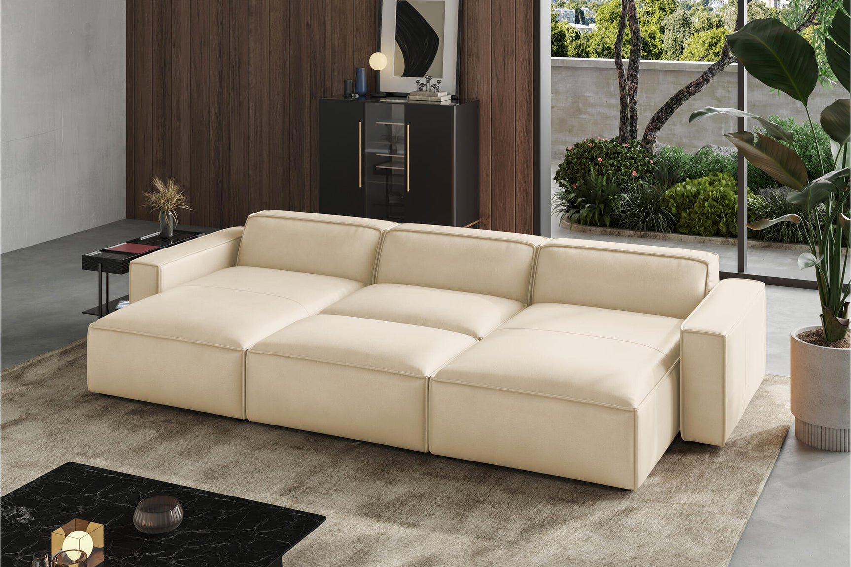 Valencia Nathan Full Aniline Leather Theater Lounge Modular Sofa with Down Feather, Bed Shape, Antique White