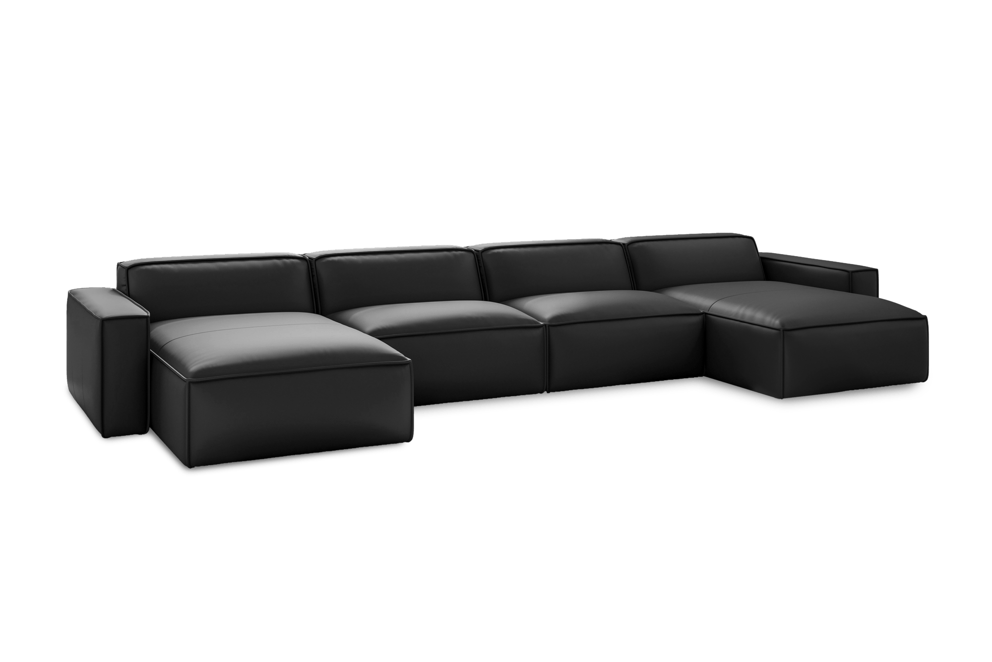 Valencia Nathan Full Aniline Leather Theater Lounge Modular Sofa with Down Feather, Row of 4 Double Chaise, Black Color