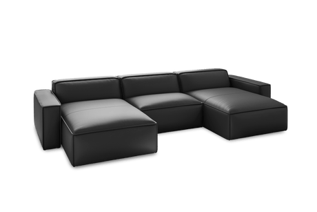 Valencia Nathan Full Aniline Leather Theater Lounge Modular Sofa with Down Feather, Row of 3 Double Chaise, Black Color