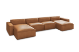 Valencia Nathan Full Aniline Leather Theater Lounge Modular Sofa with Down Feather, Row of 4 with 2 Chaises, Caramel Brown Color