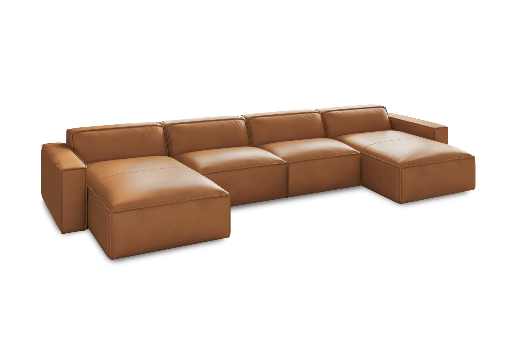 Valencia Nathan Full Aniline Leather Theater Lounge Modular Sofa with Down Feather, Row of 4 with 2 Chaises, Caramel Brown Color