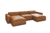Valencia Nathan Full Aniline Leather Theater Lounge Modular Sofa with Down Feather, Row of 3 with 2 Chaises, Caramel Brown Color