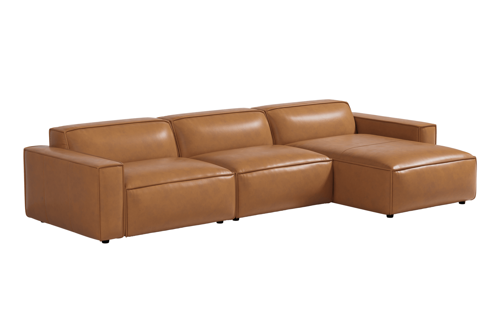 Valencia Nathan Full Aniline Leather Lounge Modular Sofa, Three Seats with Right Chaise, Caramel Brown Color