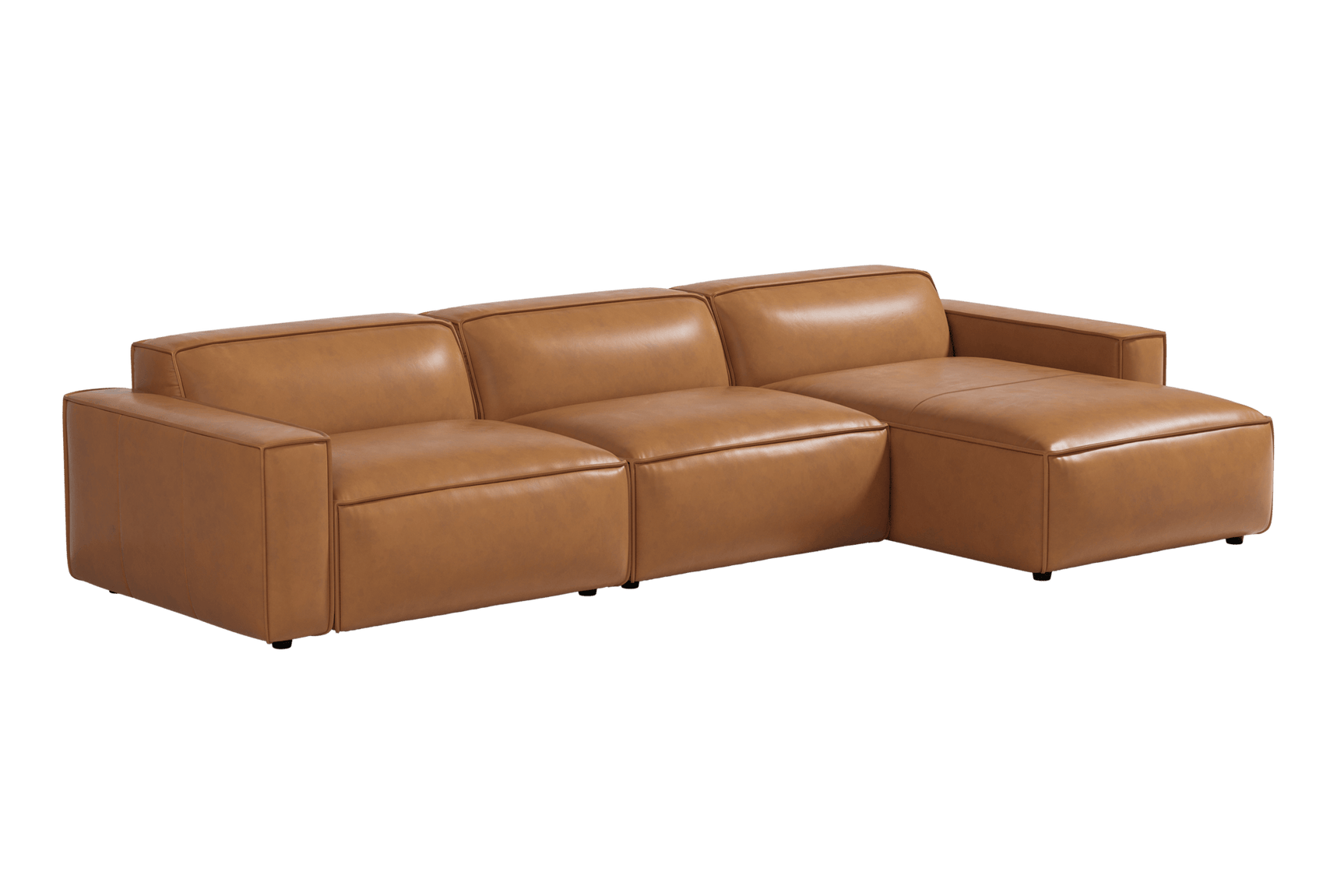 Valencia Nathan Full Aniline Leather Lounge Modular Sofa, Three Seats with Right Chaise, Caramel Brown Color