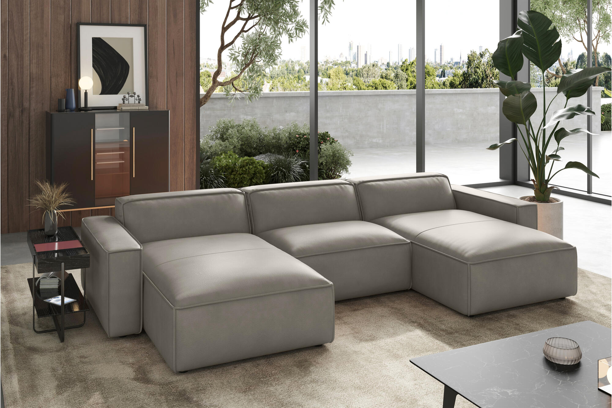 Valencia Nathan Full Aniline Leather Theater Lounge Modular Sofa with Down Feather, Row of 3 Double Chaise, Light Grey
