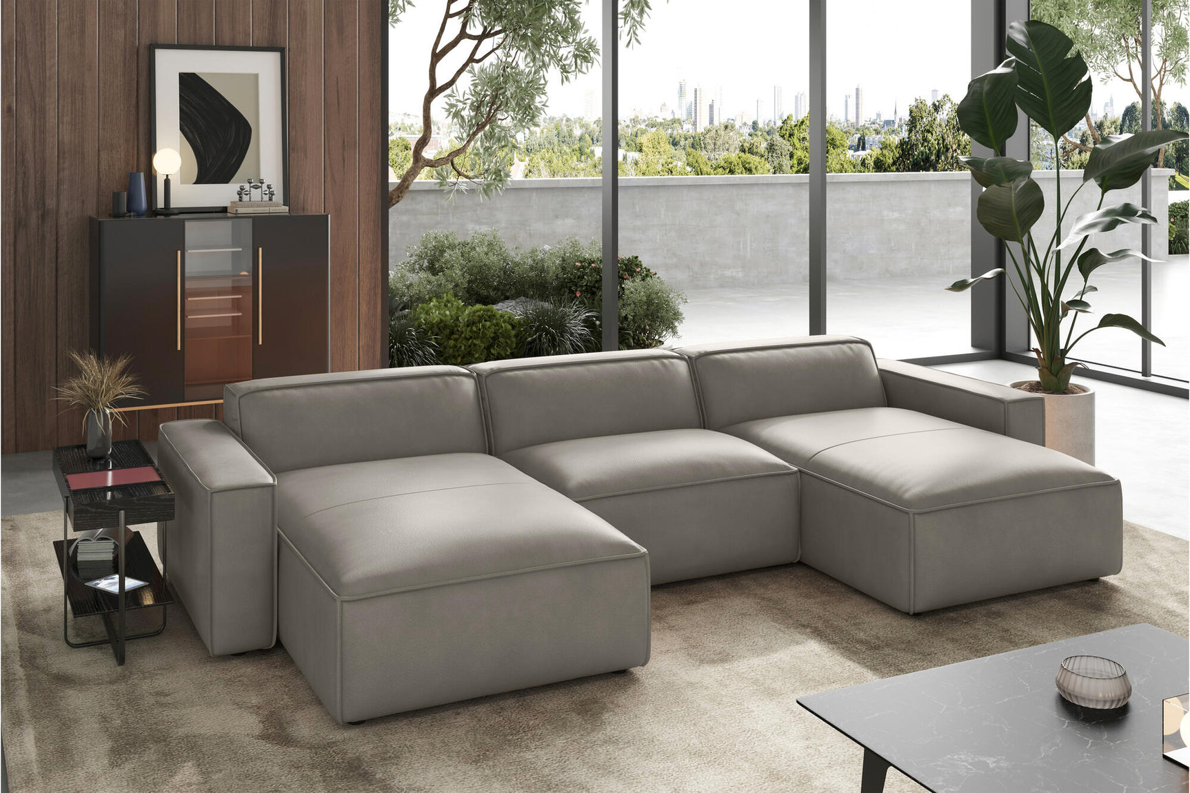 Valencia Nathan Full Aniline Leather Theater Lounge Modular Sofa with Down Feather, Row of 3 Double Chaise, Light Grey