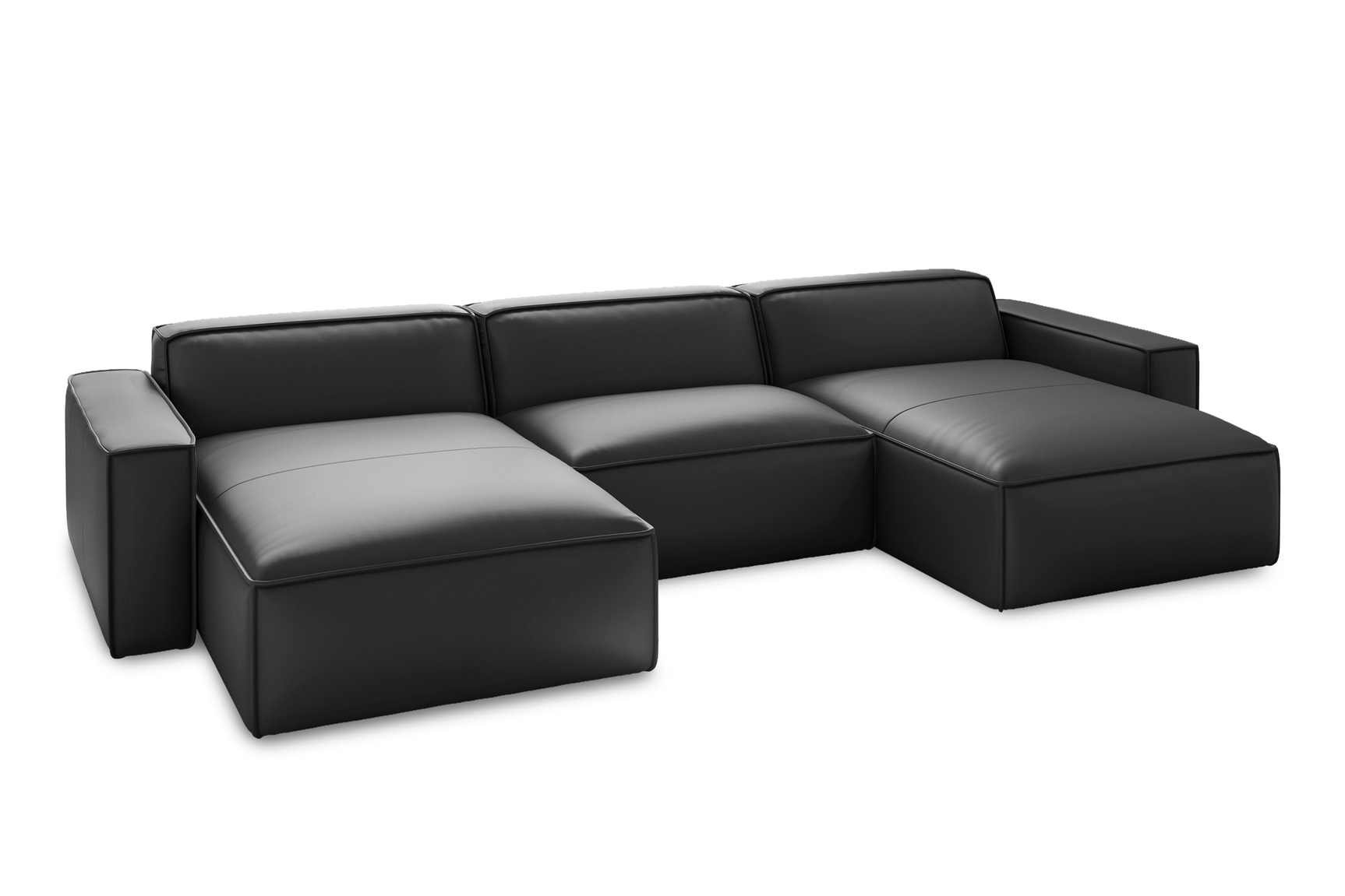 Valencia Nathan Full Aniline Leather Theater Lounge Modular Sofa with Down Feather, Row of 3 Double Chaise, Black Color