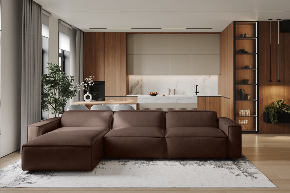 Valencia Nathan Full Aniline Leather Lounge Modular Sofa, Three Seats With Left Chaise, Dark Chocolate