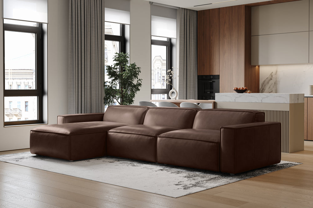 Valencia Nathan Full Aniline Leather Lounge Modular Sofa, Three Seats With Left Chaise, Dark Chocolate