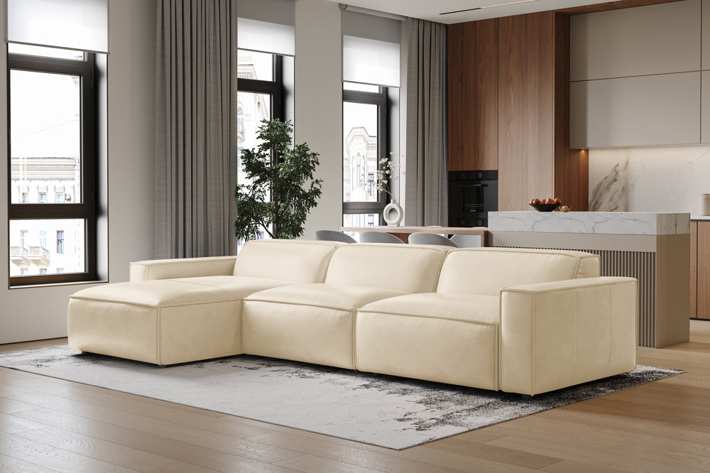 Valencia Nathan Full Aniline Leather Lounge Modular Sofa, Three Seats With Left Chaise, Antique White