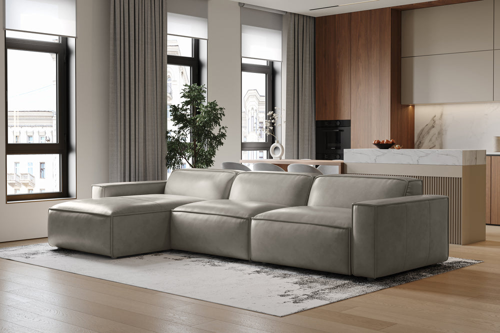 Valencia Nathan Full Aniline Leather Lounge Modular Sofa, Three Seats With Left Chaise, Light Grey