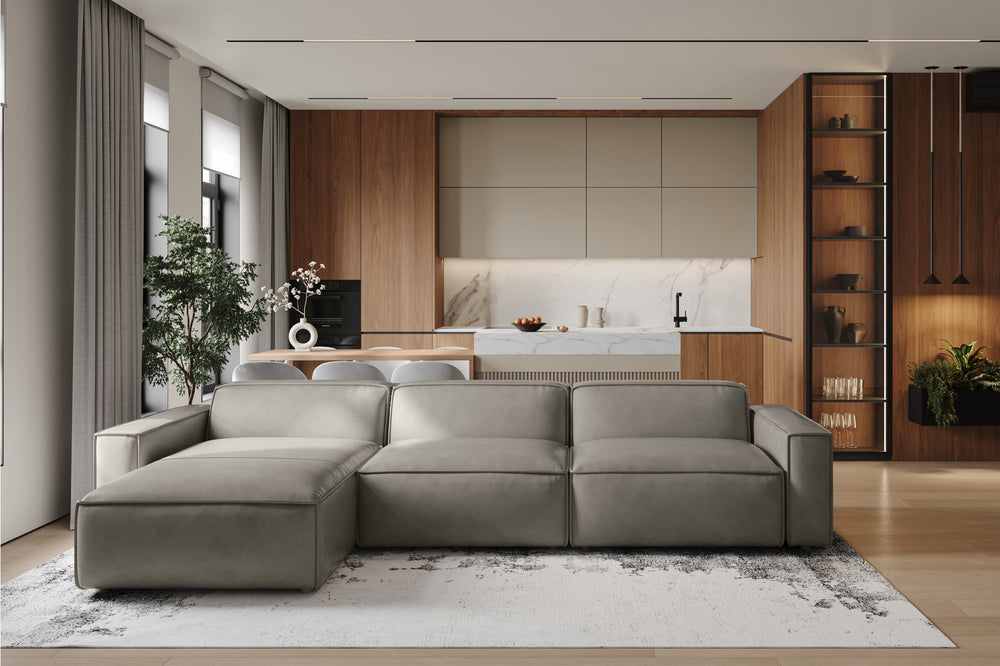 Valencia Nathan Full Aniline Leather Lounge Modular Sofa, Three Seats With Left Chaise, Light Grey